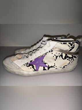 Golden Goose White High-Top Sneakers with Purple Star & Black Splatter
